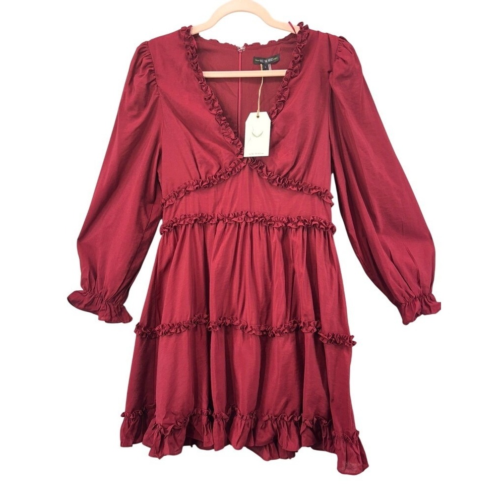 NWT Free The Roses Anthro Mini Dress Women L Red Tiered Ruffle V-Neck Romantic